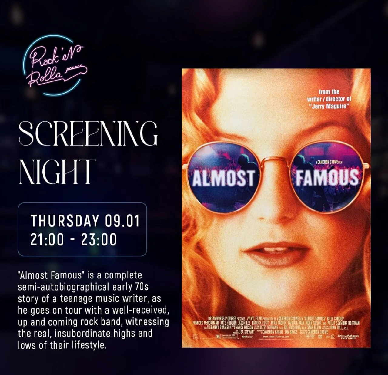 Screening the movie Almost Famous Rock’n’rolla 25 Tumanyan St, Yerevan
