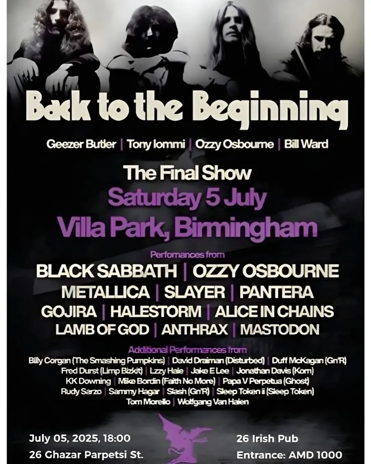 Black Sabbath - Back to the Beginning 26 Irish Pub 26 Ghazar Parpetsi St, Yerevan